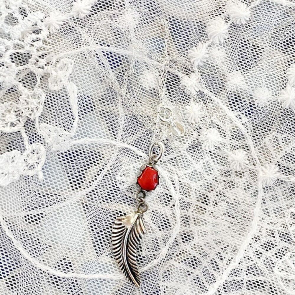 Vintage 70’s Red Coral & Sterling Feather Pendant Necklace - Picture 3 of 10